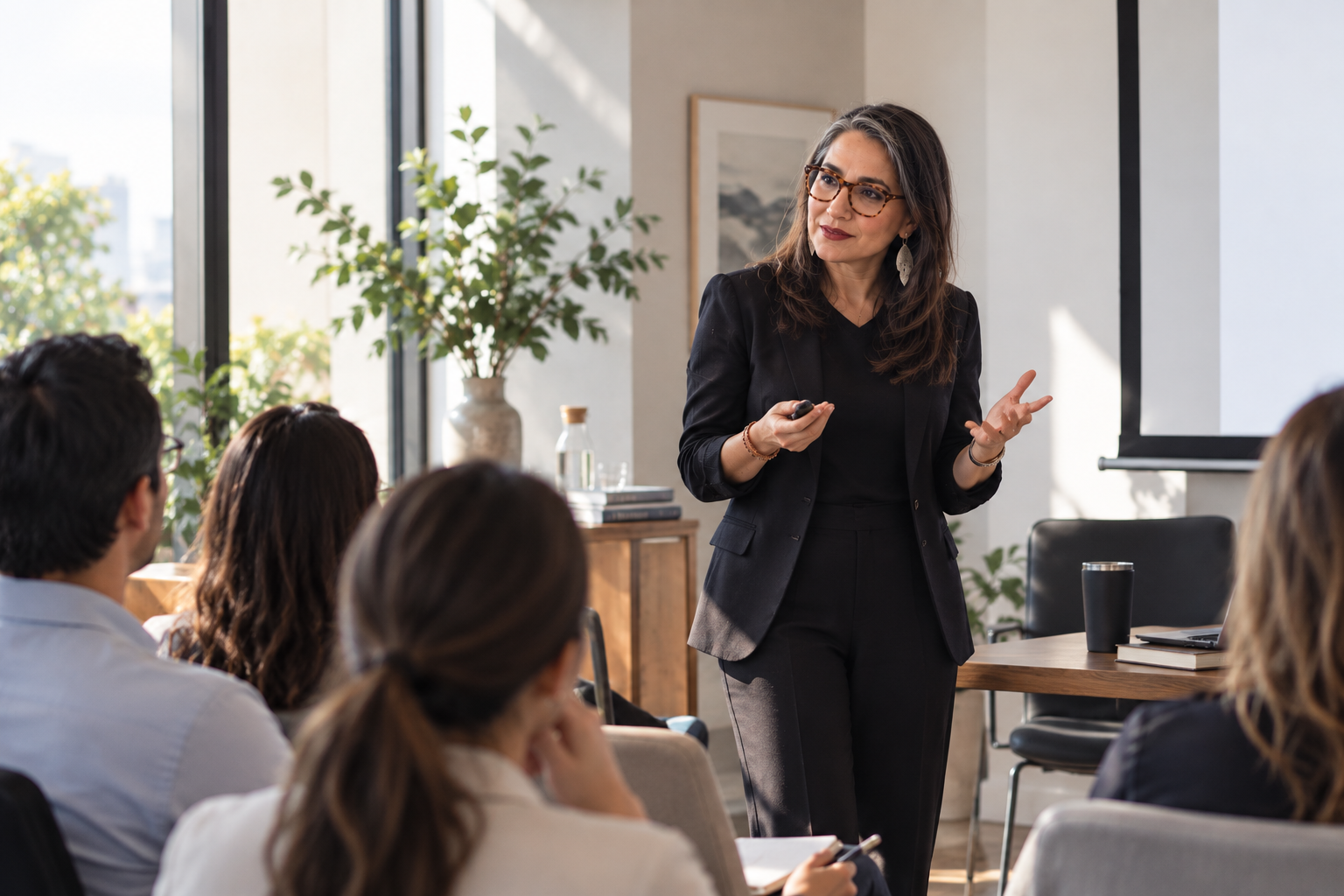 La Dra. Cruz Gómez impartiendo una capacitación a un grupo de profesionales